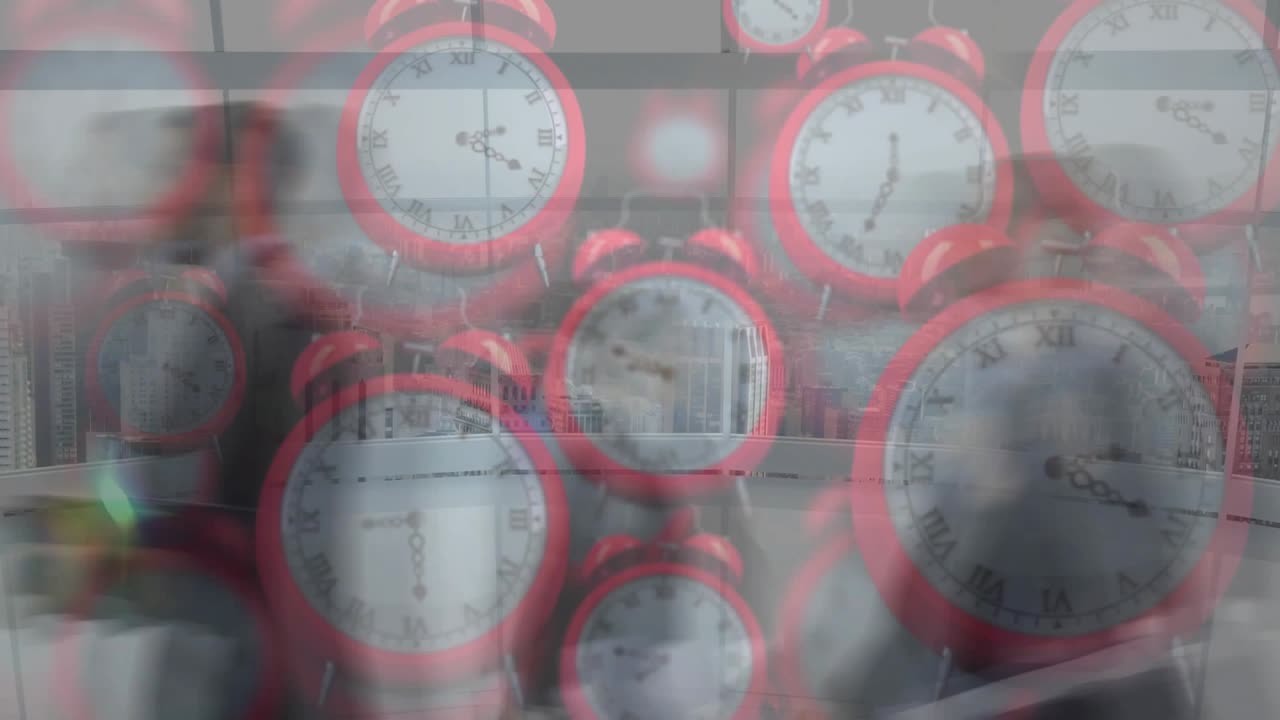 Overlay fading animating red clocks pulsing skyline as man with bag walking terrace showing IT time