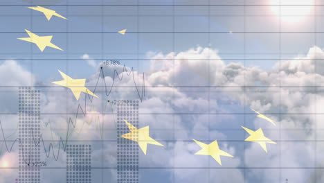 Animation-of-data-processing-over-flag-of-eu-and-clouds