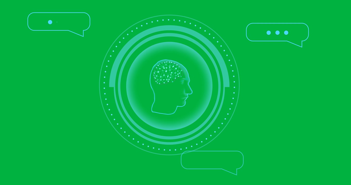 Animazione di un cervello AI con connessioni ed elaborazione dati su sfondo trasparente.