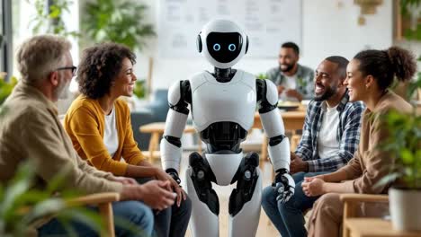 robot stands among a diverse group of individuals in a contemporary office space, engaging in conversation and demonstrating the integration of technology in human interactions and collaboration