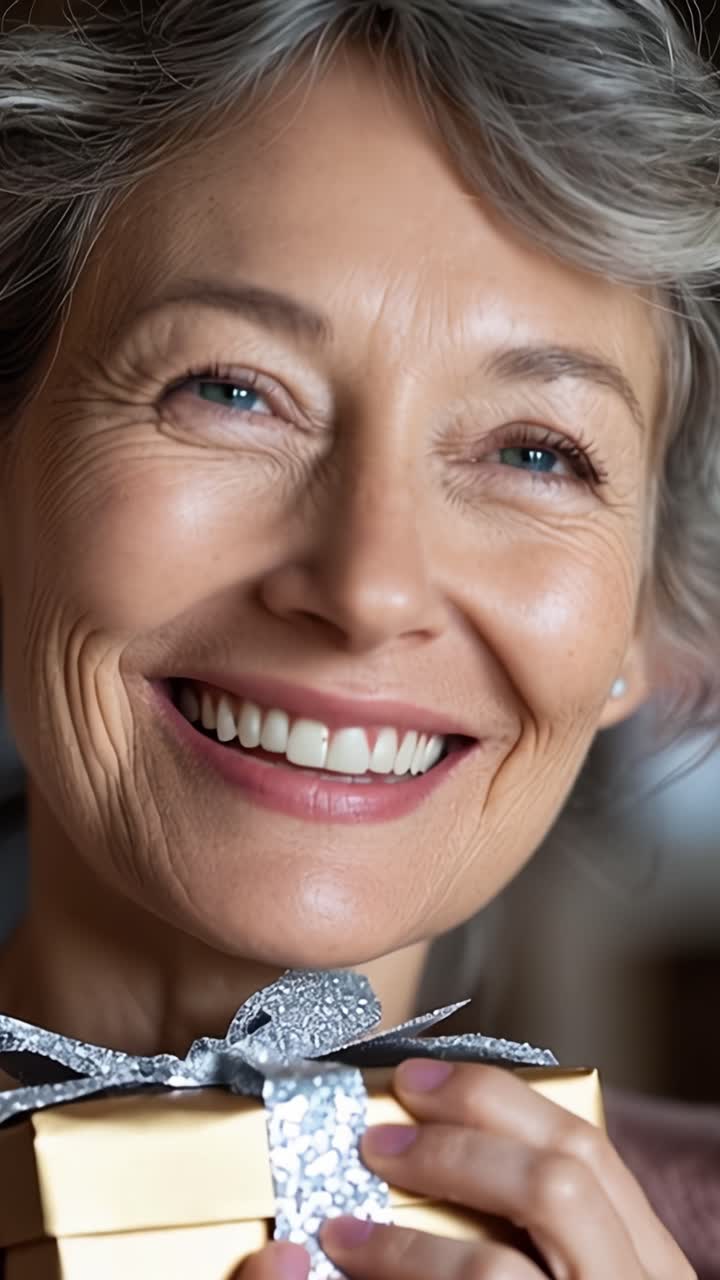 Mujer Alegre Sonriendo Radiante Mientras Sostiene una Hermosa Caja de Regalo con un Lazo Plateado, Capturando la Esencia de la Felicidad y Celebración en un Ambiente Cálido