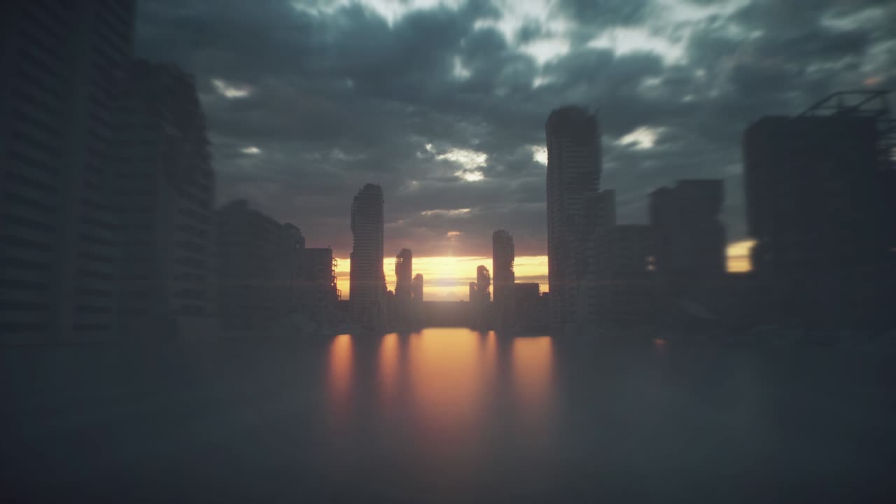 Destroyed city. Apocalypse city in fog. Apocalypse concept. 4K