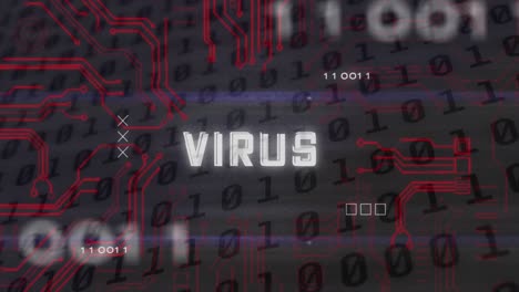 texto de virus y conexiones de microprocesador contra el procesamiento de datos de codificación binaria en fondo gris