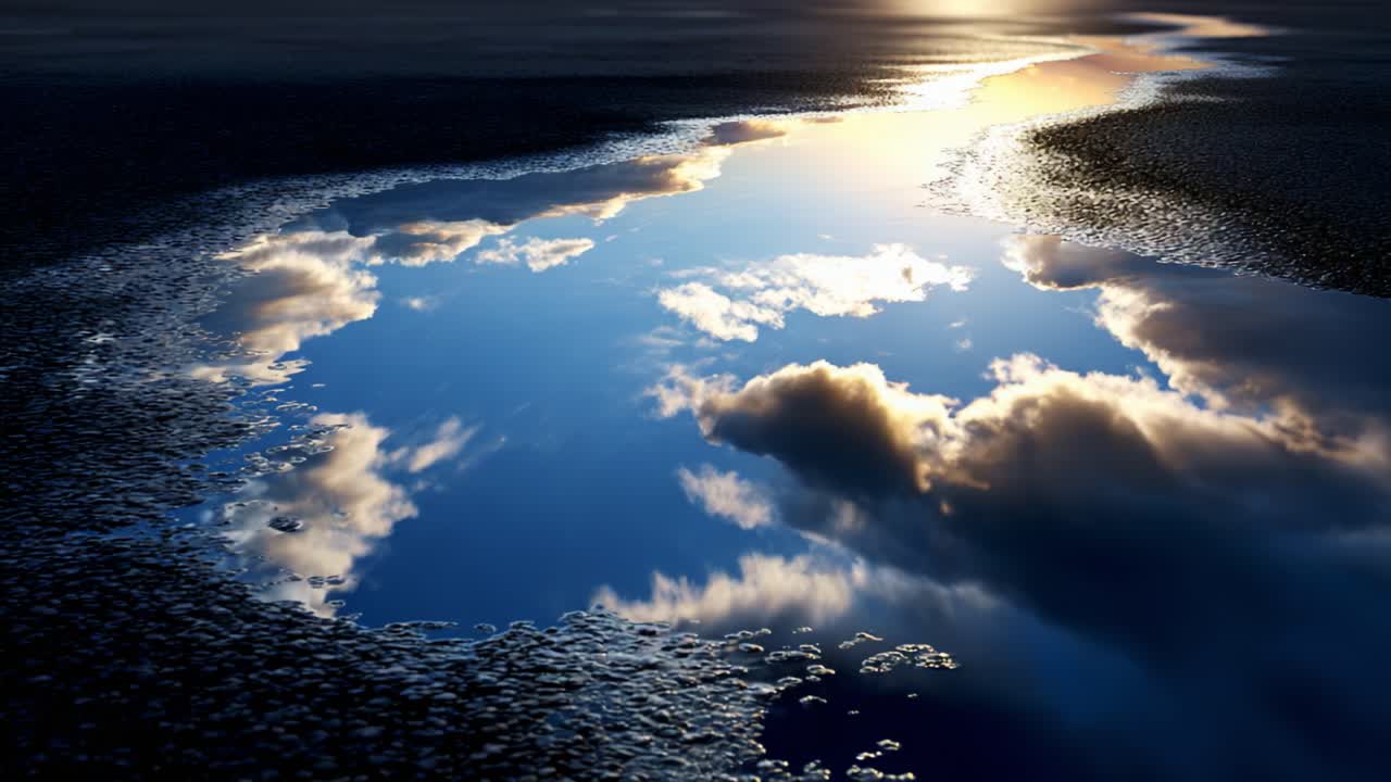 Reflective Serenity in Nature: A Captivating Water Pool Mirroring the Sky's Colors and Clouds, Evoking Peacefulness and Natural Beauty at Sunset
