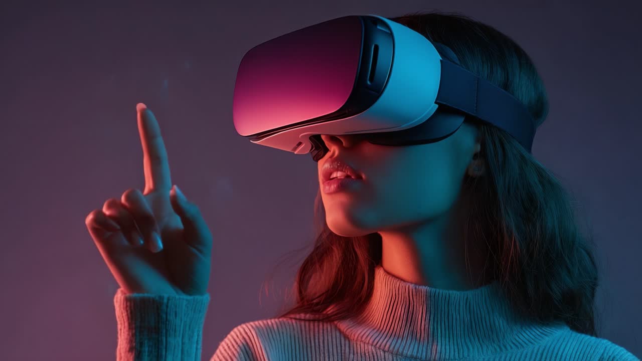 Exploring the Depths of Virtual Reality: A Young Woman's Engaging Experience with Cutting-Edge Technology Through a VR Headset in a Captivating Light Setting