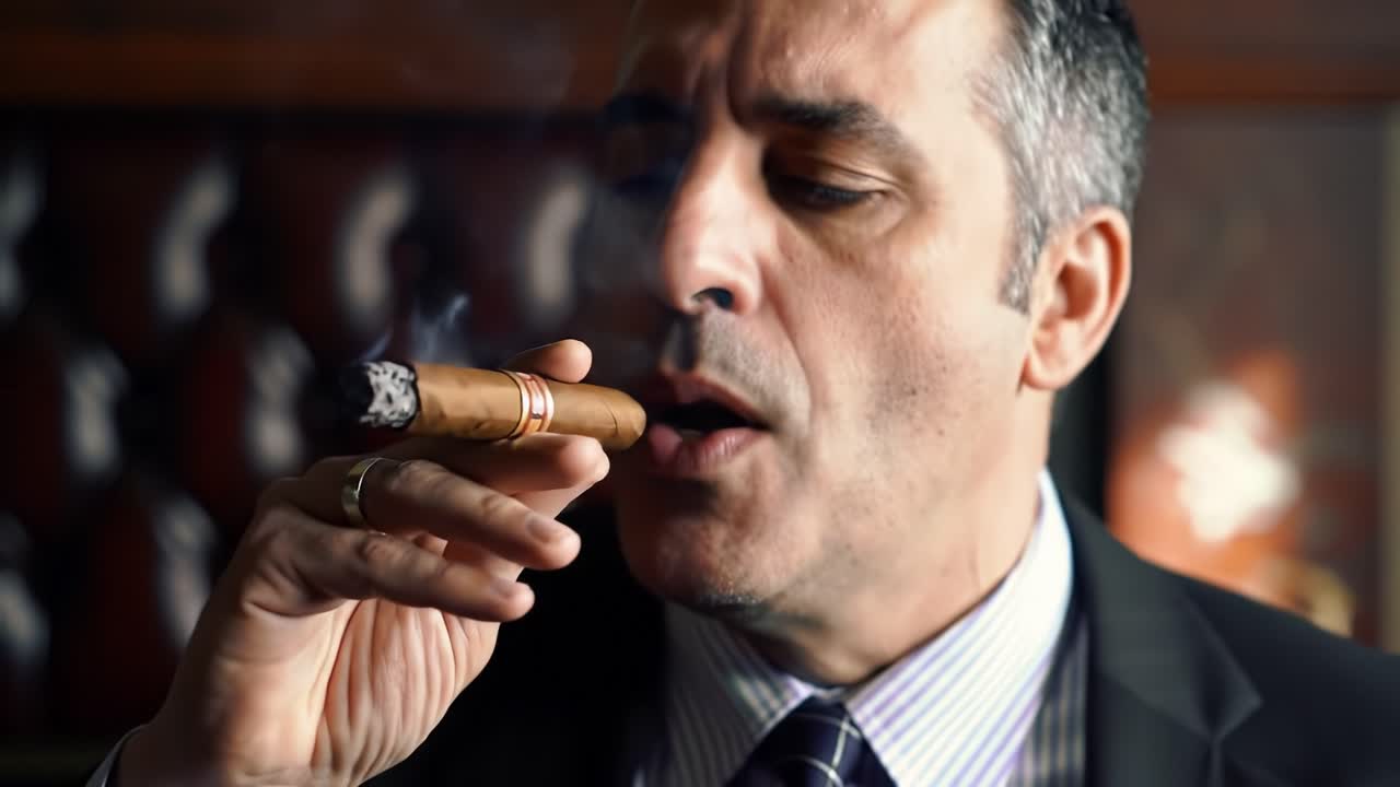 A Sophisticated Gentleman Enjoys the Art of Cigar Smoking in an Elegant Setting, Reveling in the Rich Aroma and Flavor of Fine Tobacco