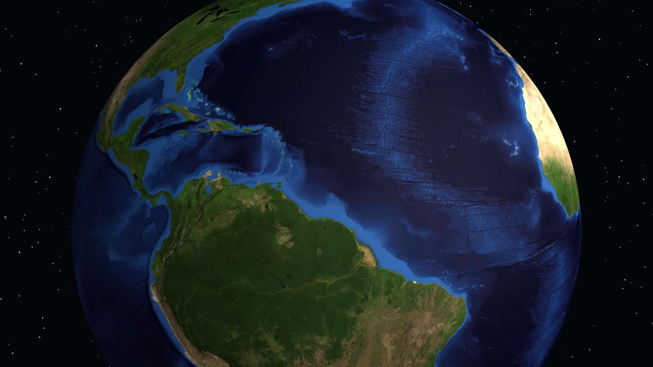 Un globo 3D rotante ingrandisce il Sud America, evidenziando Coro, Venezuela con dati geografici.
