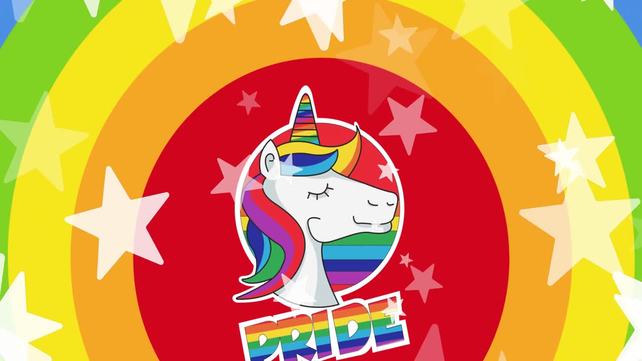 animación de estrellas sobre el texto del orgullo en el fondo del arco iris