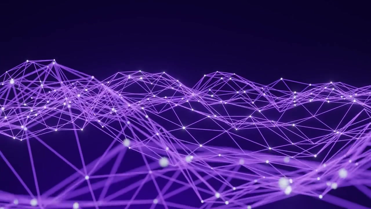 Abstrakt lilla nettverk av sammenkoblede glødende lilla punkter og linjer på en mørk bakgrunn. Futuristisk digitalt designkonsept for teknologi og datavisualisering. 3D-gjengivelse med kopieringsplass.