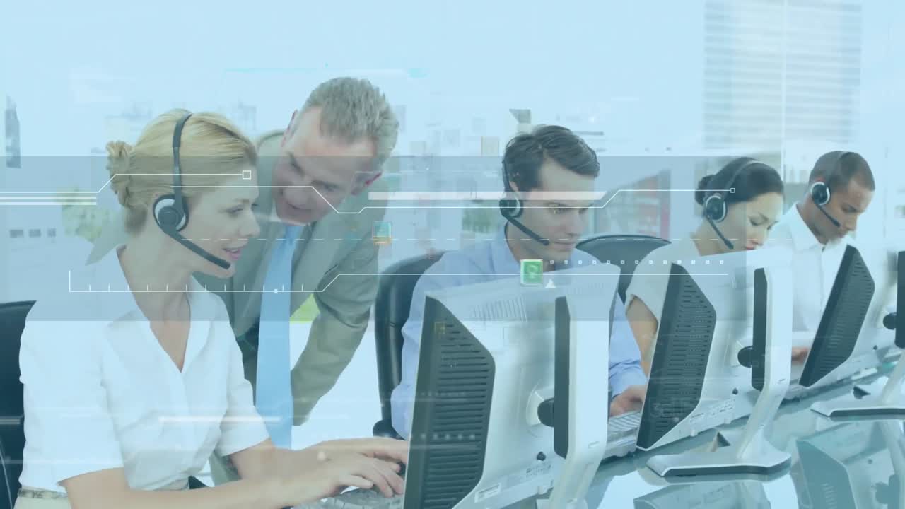 animación de redes de conexiones con iconos sobre personas de negocios que usan auriculares telefónicos