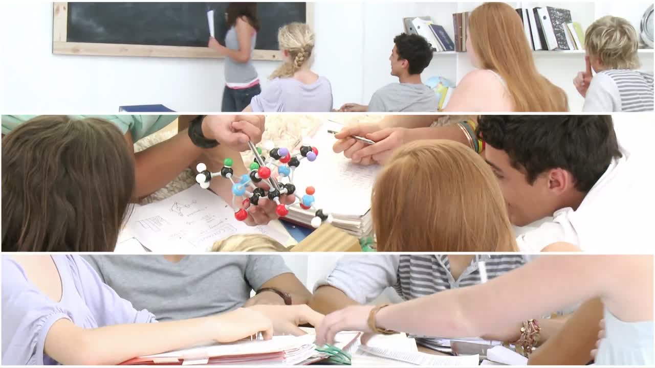 монтаж серьезных подростков, изучающих