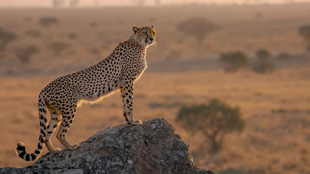 Perching adult cheetah surveying savannah at dawn on rock outcrop rotating head descending to plain