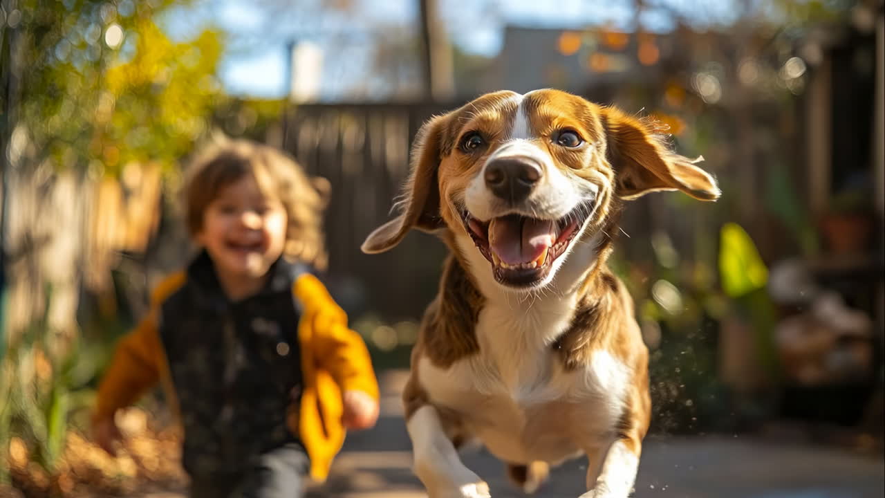 Güneşli bir öğleden sonra çocuk arka bahçede köpeğiyle koşuyor