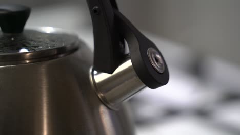 stainless steel whistling kettle boiling on a gas stove.