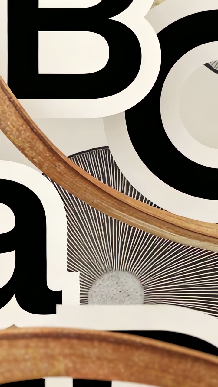 Vertical video: Panning camera moving to reveal bold B and O with sunburst and wooden bands on wall