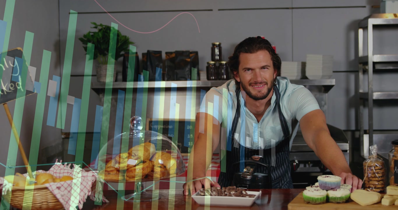 Baker leaning on counter, animated bar-graph overlay fading in and highlighting pastries for sales