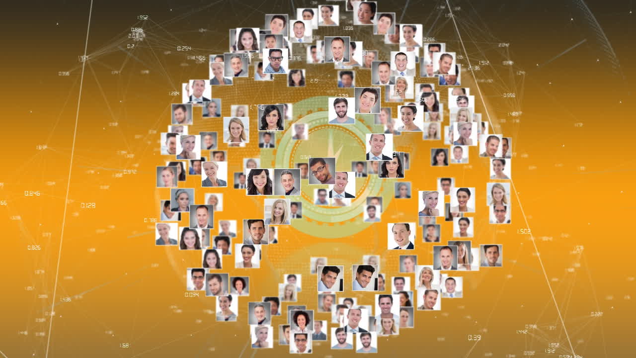 사용자 사진의 애니메이션, 데이터 처리 및 노란색 배경의 지구