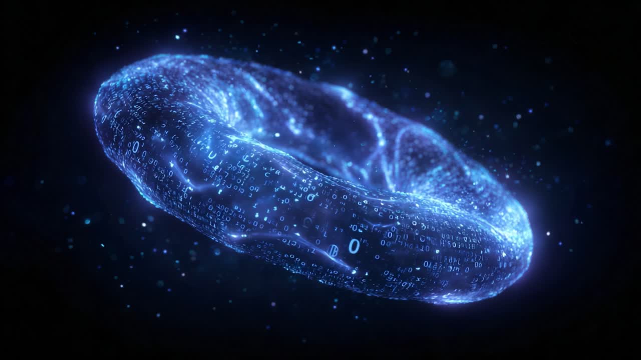 Luminous digital donut shape with binary code rotating slowly and undulating against a dark background, representing concepts like data flow, artificial intelligence, and virtual reality