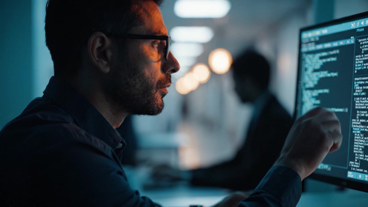 Focused Programmer Analyzing Code on Computer Screen in Modern Office Environment with Soft Lighting and Collaborative Workspace Atmosphere