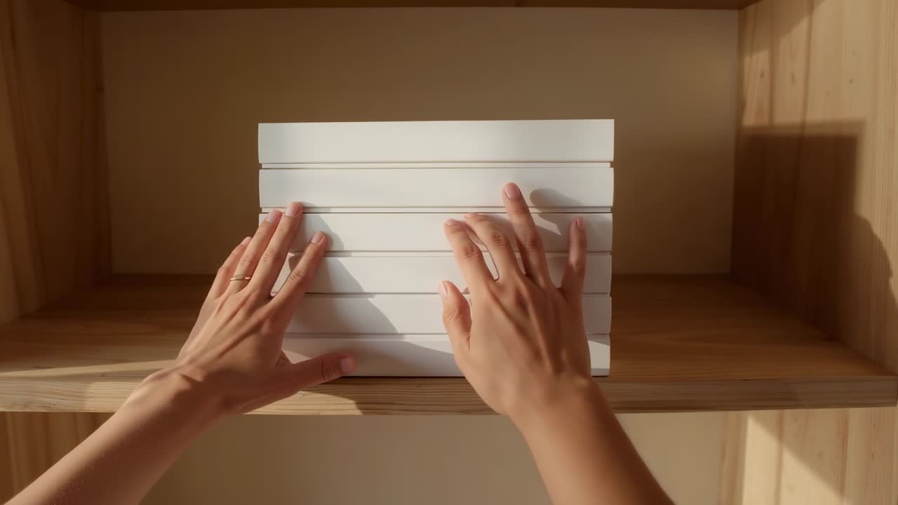 Mani adulte che si allungano centrando una scatola bianca a doghe per allinearla in una nicchia di legno, con la luce solare che proietta ombre.