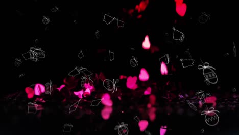 Animation-of-presents-falling-and-pink-hearts-on-black-background
