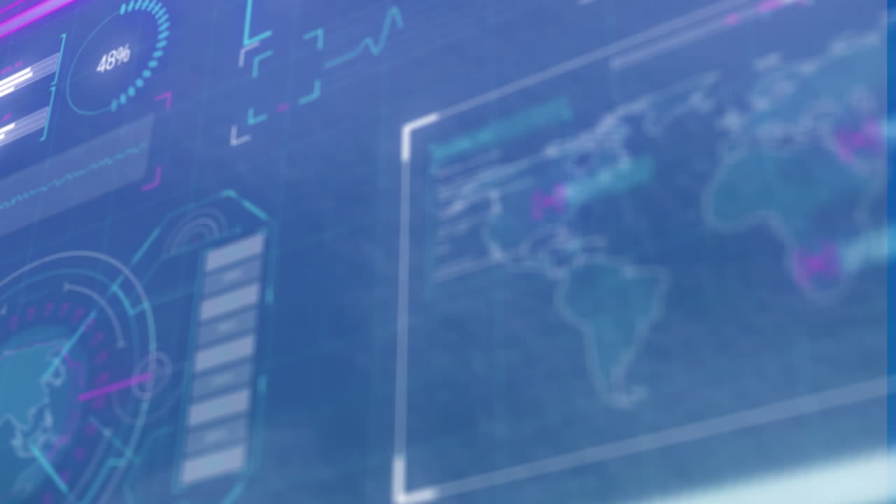 Animation of interface with data processing against blue textured background