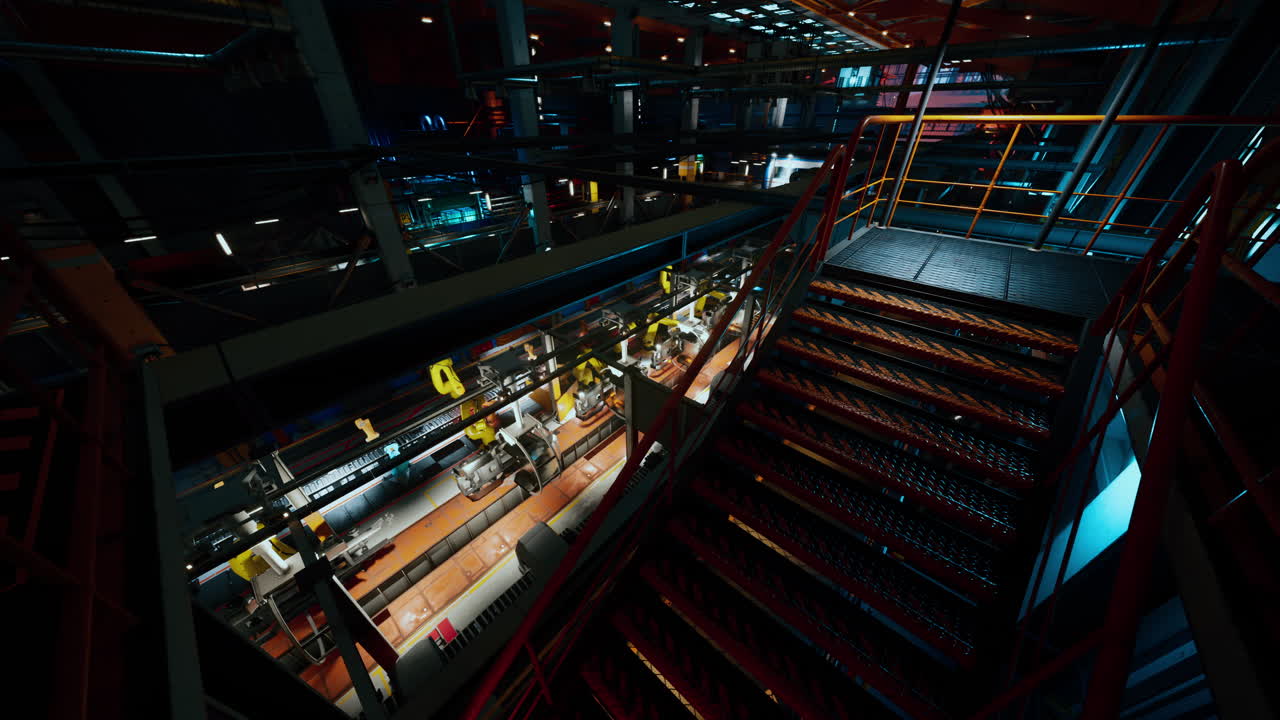 View of a machine building conveyor system in a modern factory at night