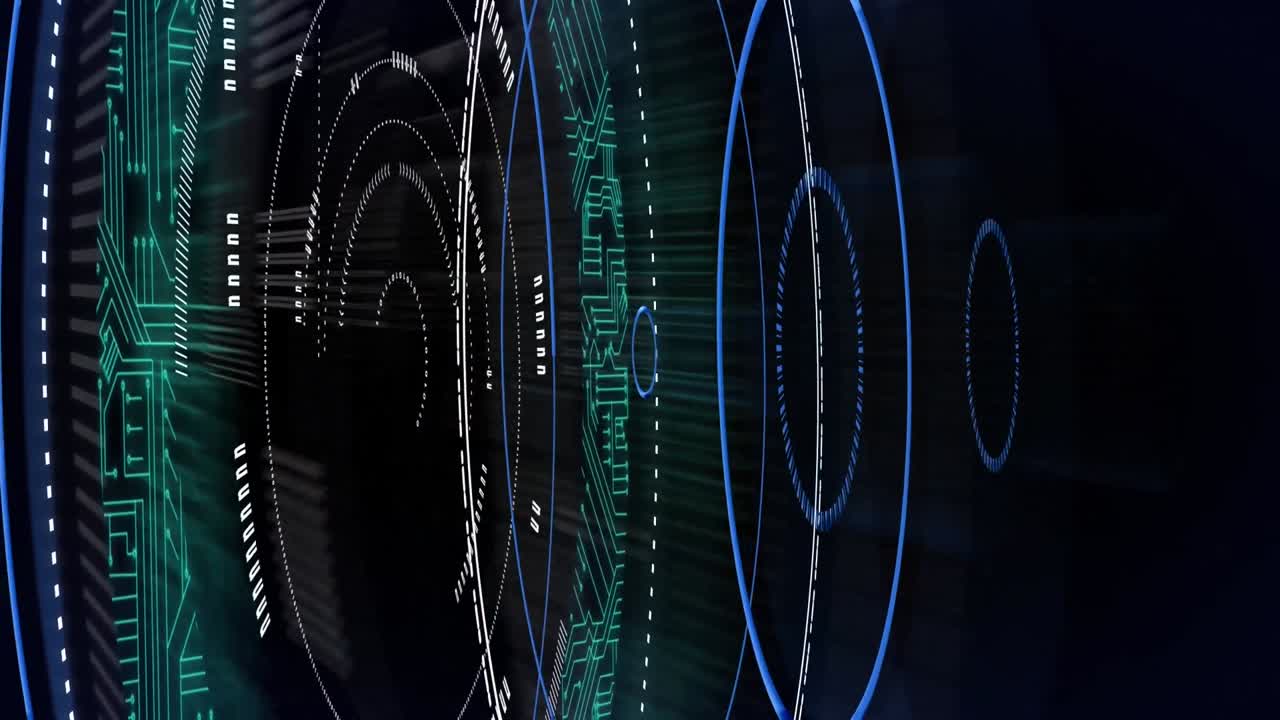 Microprocessor connections over multiple neon round scanners on black background