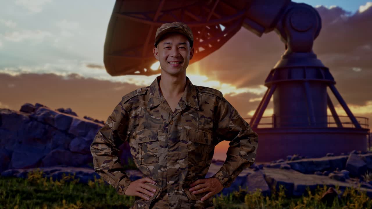Asian Man Soldier Standing With Arms Akimbo Looking At Camera And Smiling With Satellite Dish