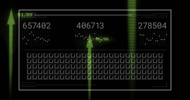 Center HUD monitoring data green beams sweeping readouts varying lighting grid before fading blank