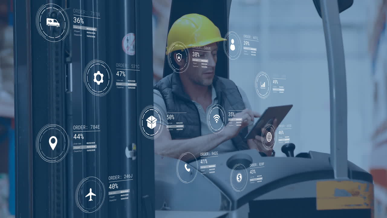 Animation of business icons and data processing over caucasian male worker using tablet in warehouse