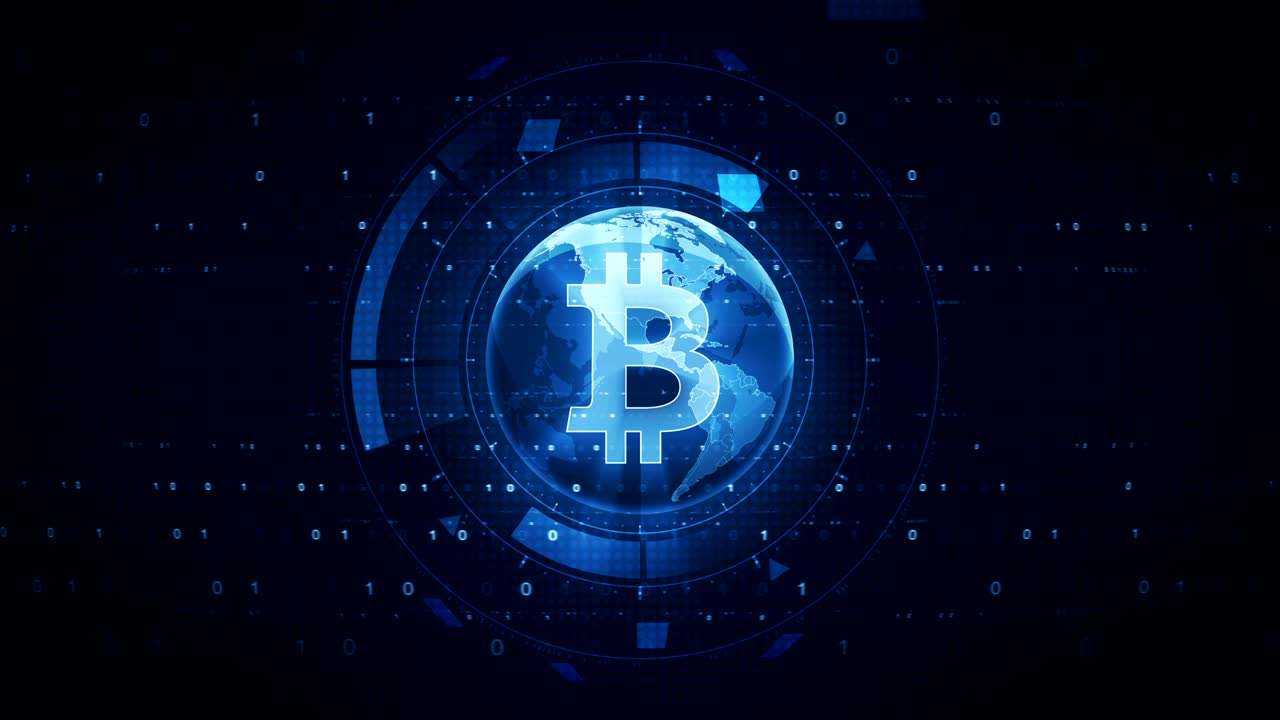 dados de tecnologia de fundo digital com sinal de bitcoin e código binário animação abstrata
