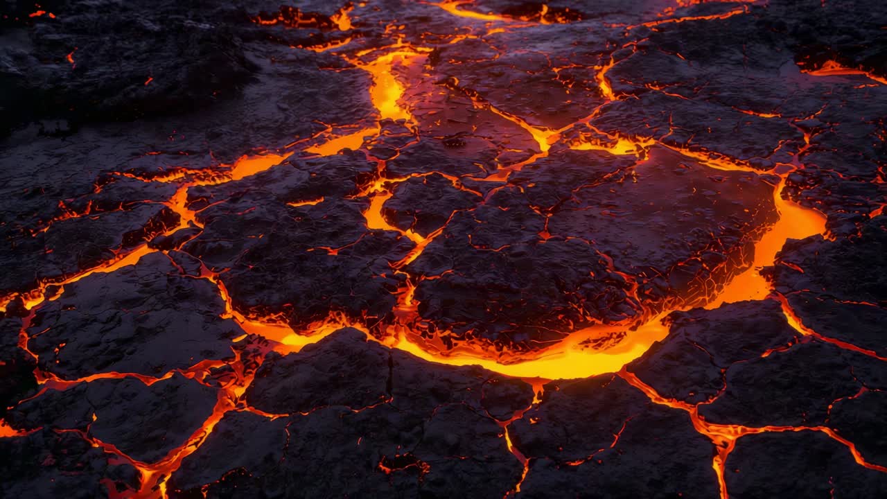 Crosta che si spacca, lava fusa che pulsa attraverso le fessure nel campo vulcanico mentre si forma la crosta di raffreddamento