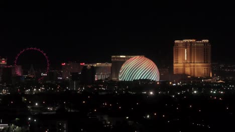 Las-Vegas-strip-with-views-of-the-MSG-Sphere,-the-Linq,-Palazzo---aerial