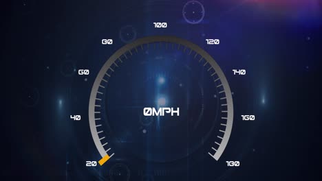Animation-of-speedometer-over-lights-and-connections-over-navy-globe