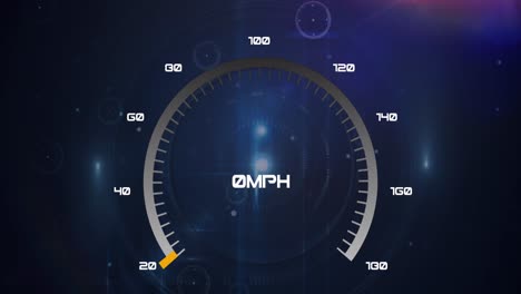 animation of speedometer over lights and connections over navy globe