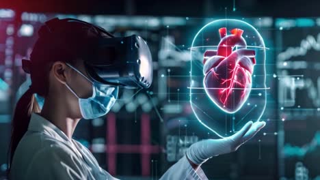 medical professional using vr/ar to view a holographic human heart