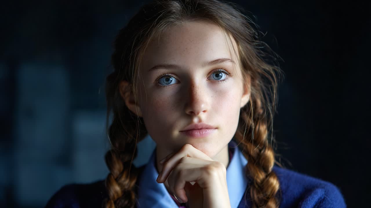 A Thoughtful Portrait of a Young Girl with Braided Hair Reflecting Deep Contemplation in a Softly Lit Environment