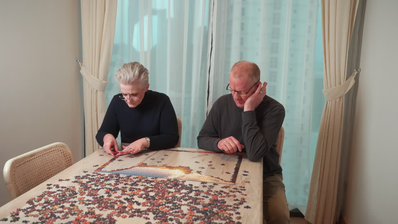 Senior couple putting a puzzle together and enjoying each other's company