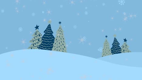 Animation-of-snow-falling-over-christmas-trees-on-blue-background