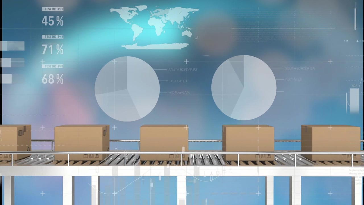 Animation of world map and graphs processing data over boxes moving on a warehouse conveyor belt