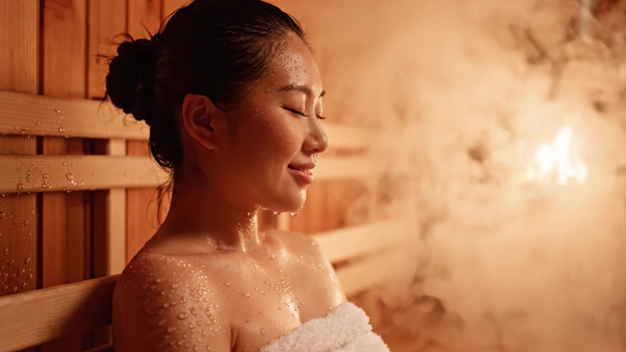 Una Fuga Tranquilla: Donna si Gode la Serenità in una Sauna Piena di Vapore, Abbracciando Benessere e Relax tra Calore Lenitivo e Vapori Delicati