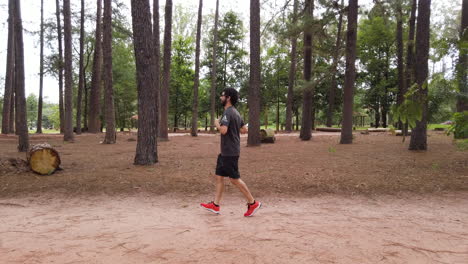 hombre corriendo en medio del bosque de pinos