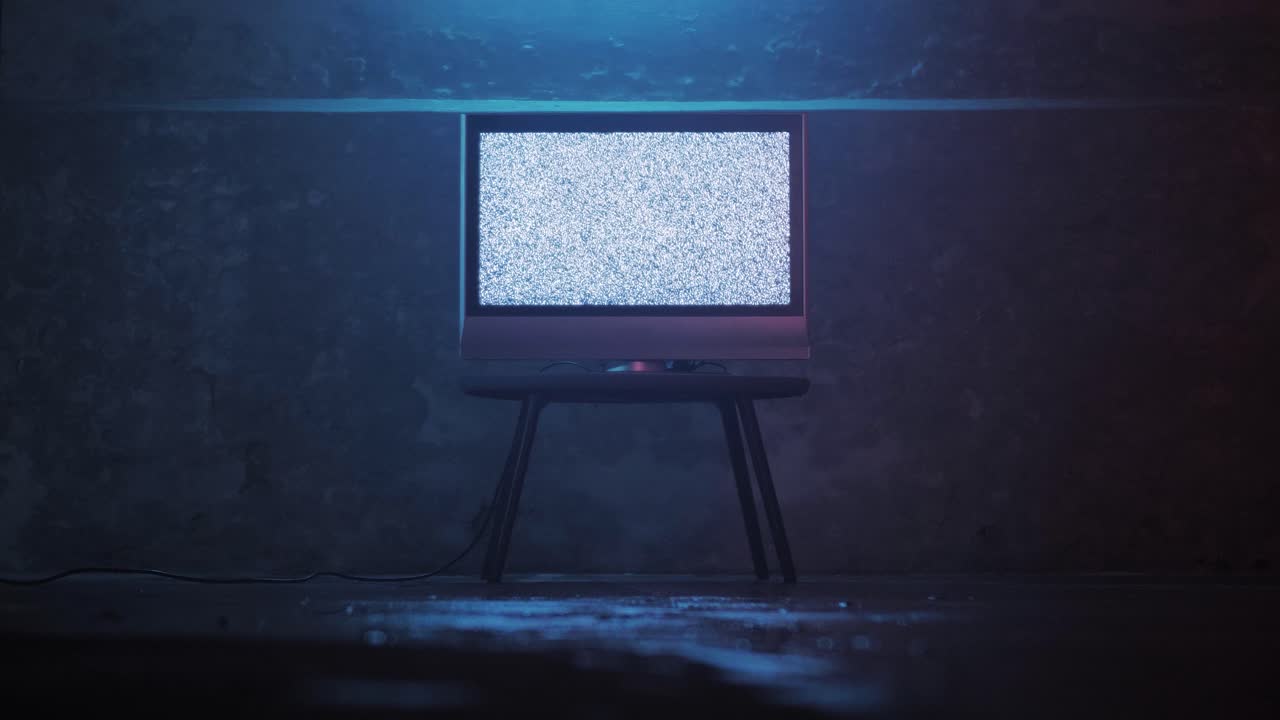 A retro television emits glowing static in a hazy, dimly lit basement, evoking a dystopian, cyberpunk thriller atmosphere filled with eerie mystery and futuristic nostalgia