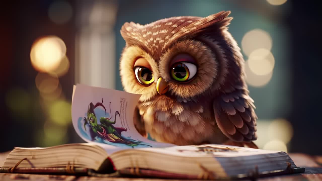 A Charming Owl Engrossed in a Book, Captivated by Its Pages in a Warm Atmosphere Surrounded by Soft Lights and Magical Ambiance