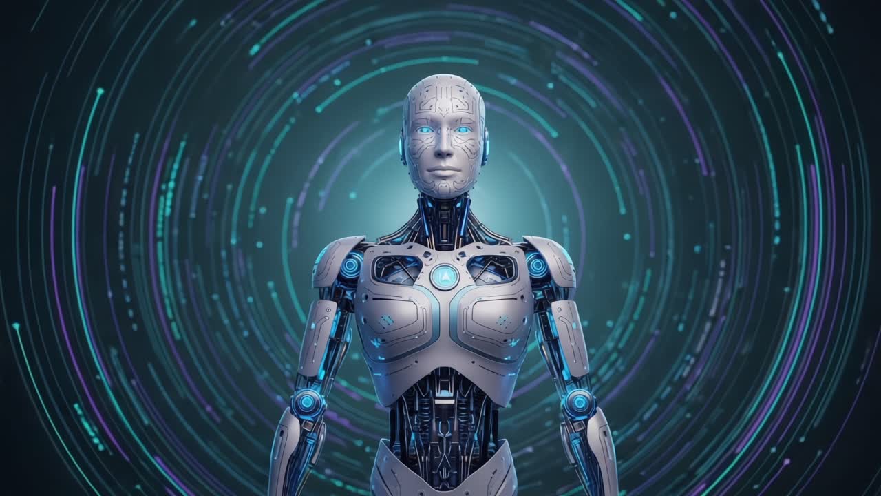 Futuristic Humanoid Robot Surrounded by Dynamic Light Patterns and Circles Illustrating Advanced Technology and Artificial Intelligence Concepts
