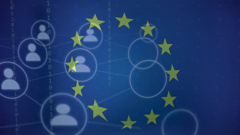 european union stars over network of connected user icons and binary code