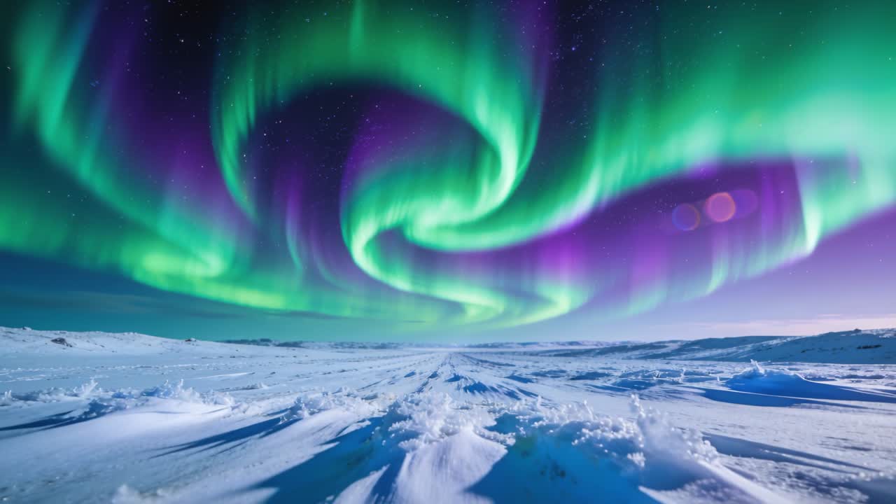 Spirale aurorale che si avvolge, riempiendo il cielo notturno sopra una distesa di neve polare, con cortine verdi e viola pulsanti.