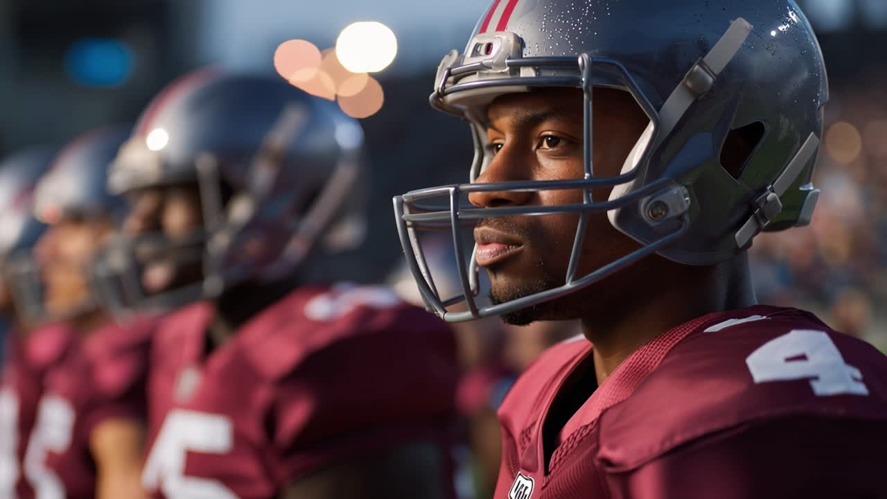 Un giocatore di football americano concentrato con il casco si erge tra i compagni di squadra, mostrando determinazione e attesa per la prossima partita durante una giornata luminosa sul campo.