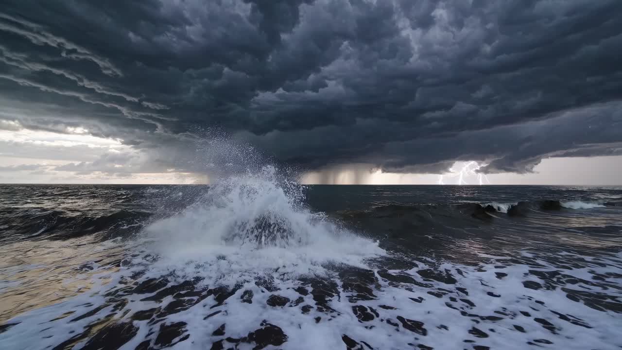 Dramatic wide-angle shot of a stormy beach with dark clouds and lightning, capturing the raw power